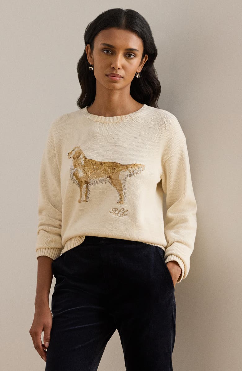 Lauren Ralph Lauren Intarsia Golden Retriever Cotton Sweater, Alternate, color, 