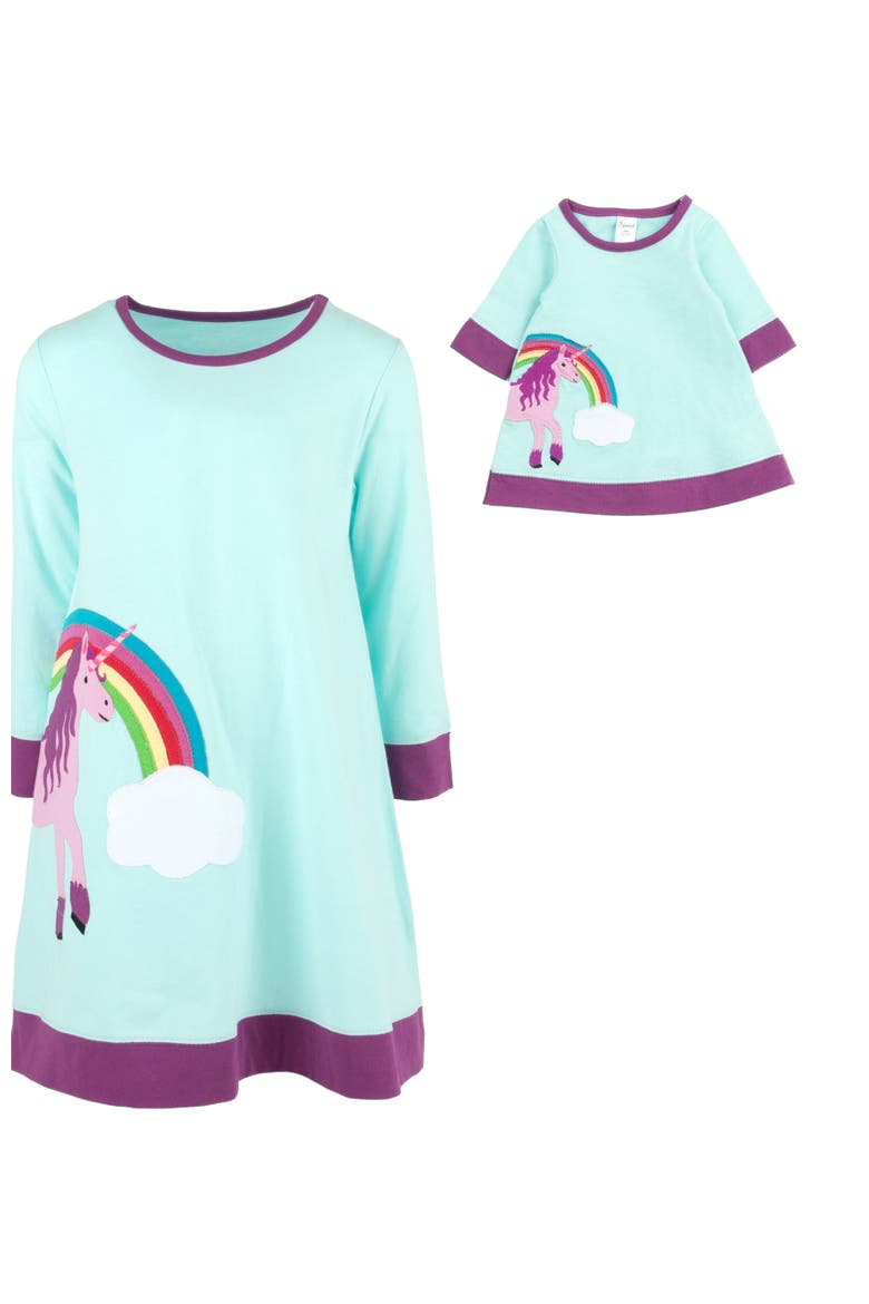Girls Cotton Dress with Matching Doll Dress, Printed Design, Alternate, color, AQUA