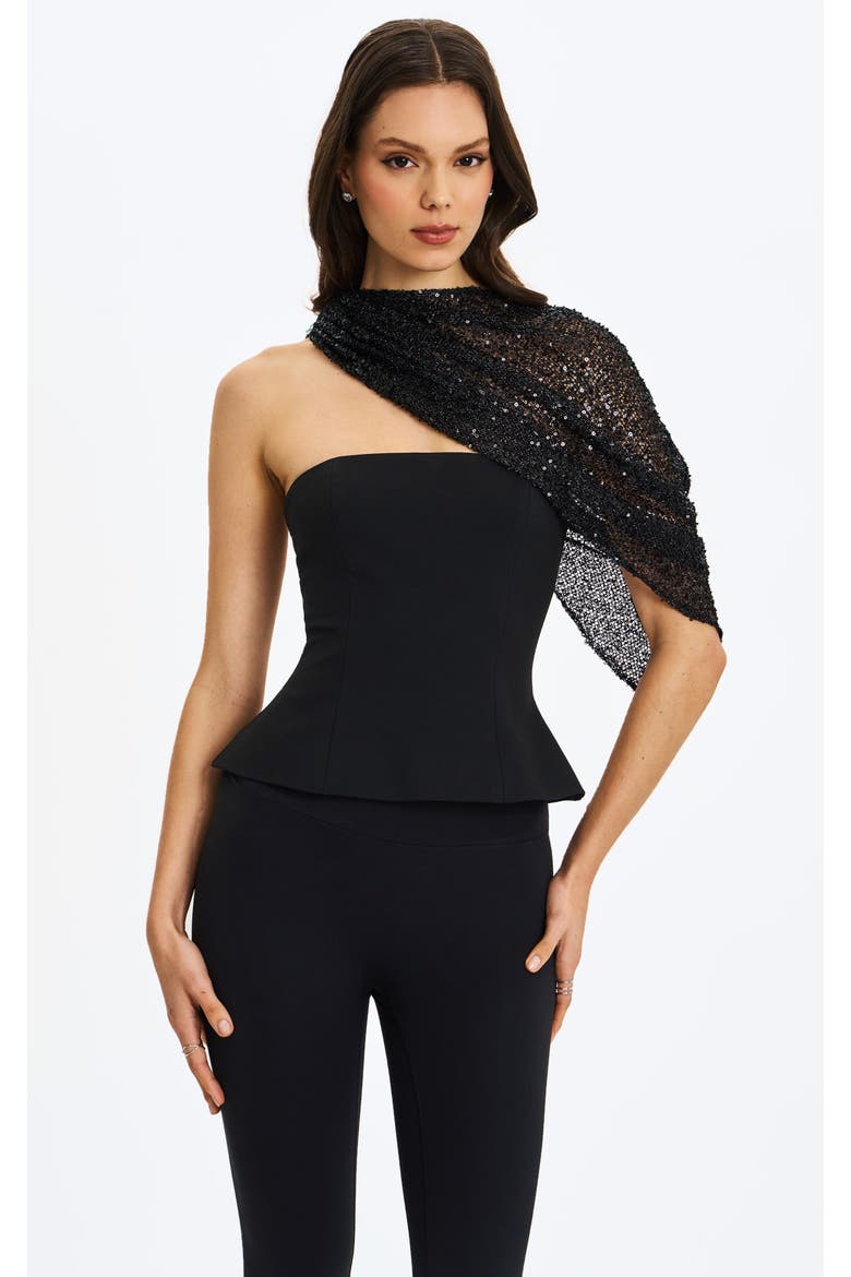 Quinette Peplum Top with Beaded Asymmetrical Cape, Main, color, Black
