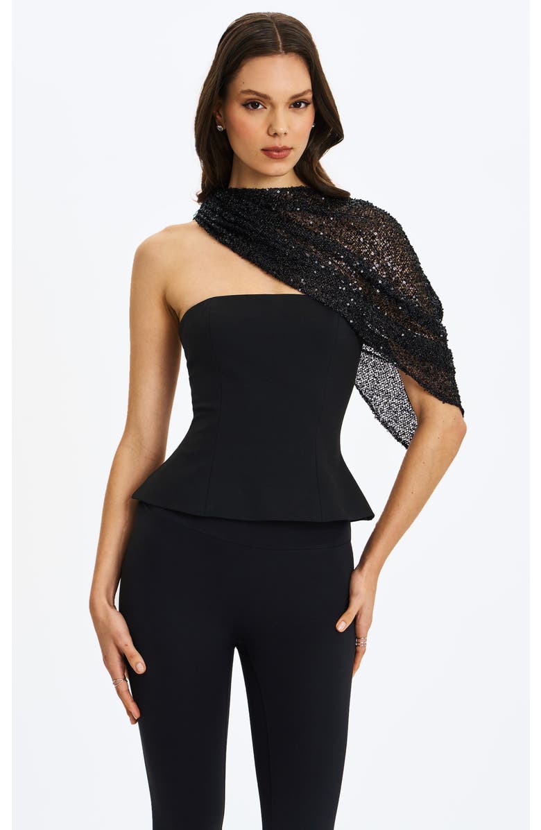 Miss Circle Quinette Peplum Top with Beaded Asymmetrical Cape, Main, color, Black