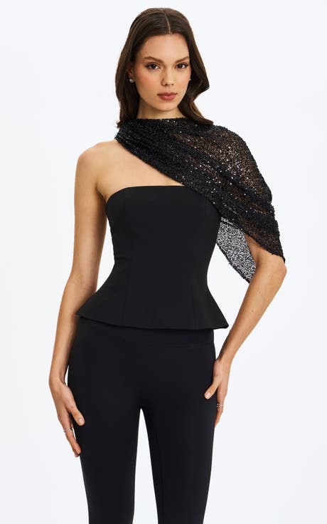 Quinette Peplum Top with Beaded Asymmetrical Cape
