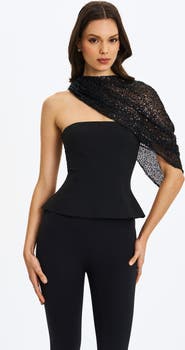 Miss Circle Quinette Peplum Top with Beaded Asymmetrical Cape