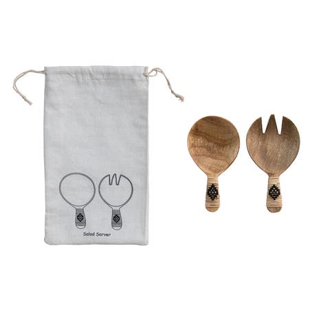 7 Inches Mango Wood Salad Servers with  Wrapped Handles and Printed Drawstring Bag, Set of 2