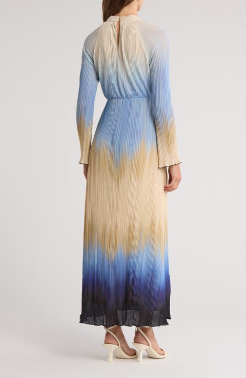 Calina Ombré Long Sleeve Plissé Maxi Dress