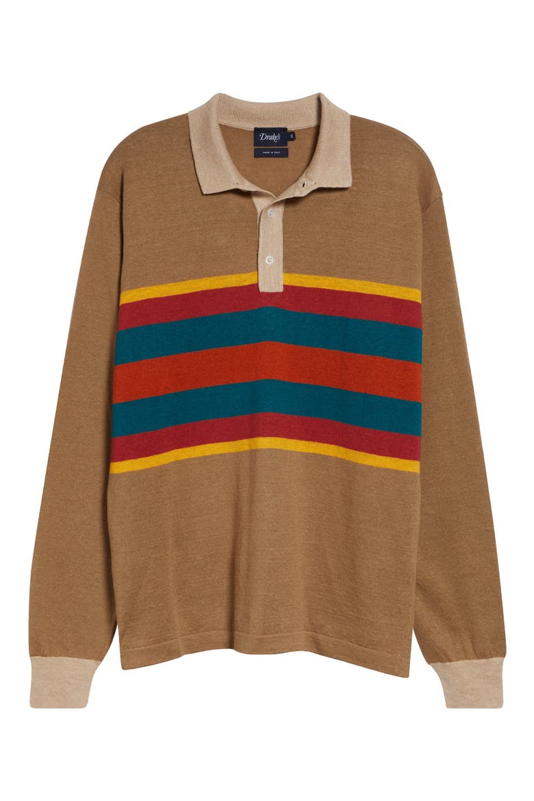 Rugby Stripe Linen & Cotton Polo Sweater, Alternate, color, LIGHT BROWN