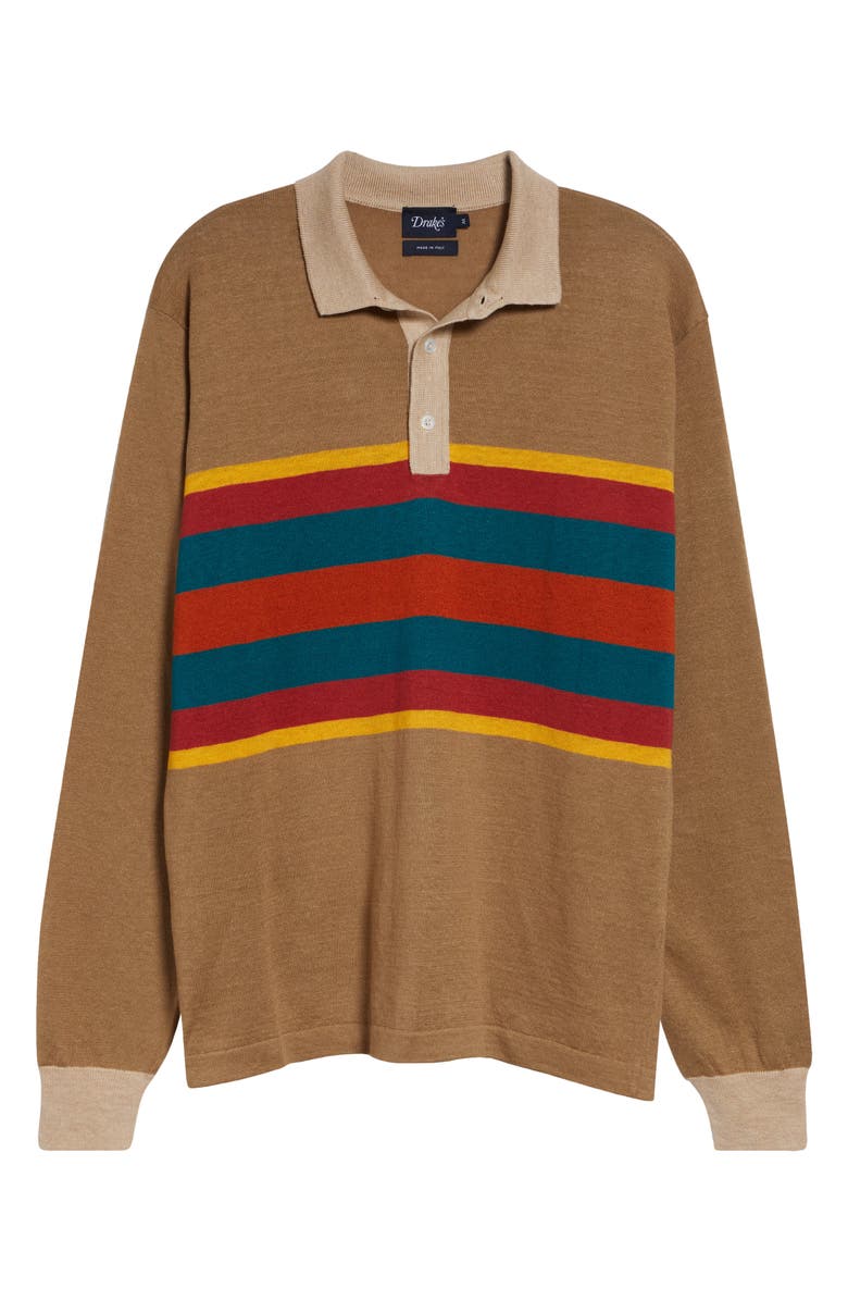 Drake's Rugby Stripe Linen & Cotton Polo Sweater, Main, color, Light Brown