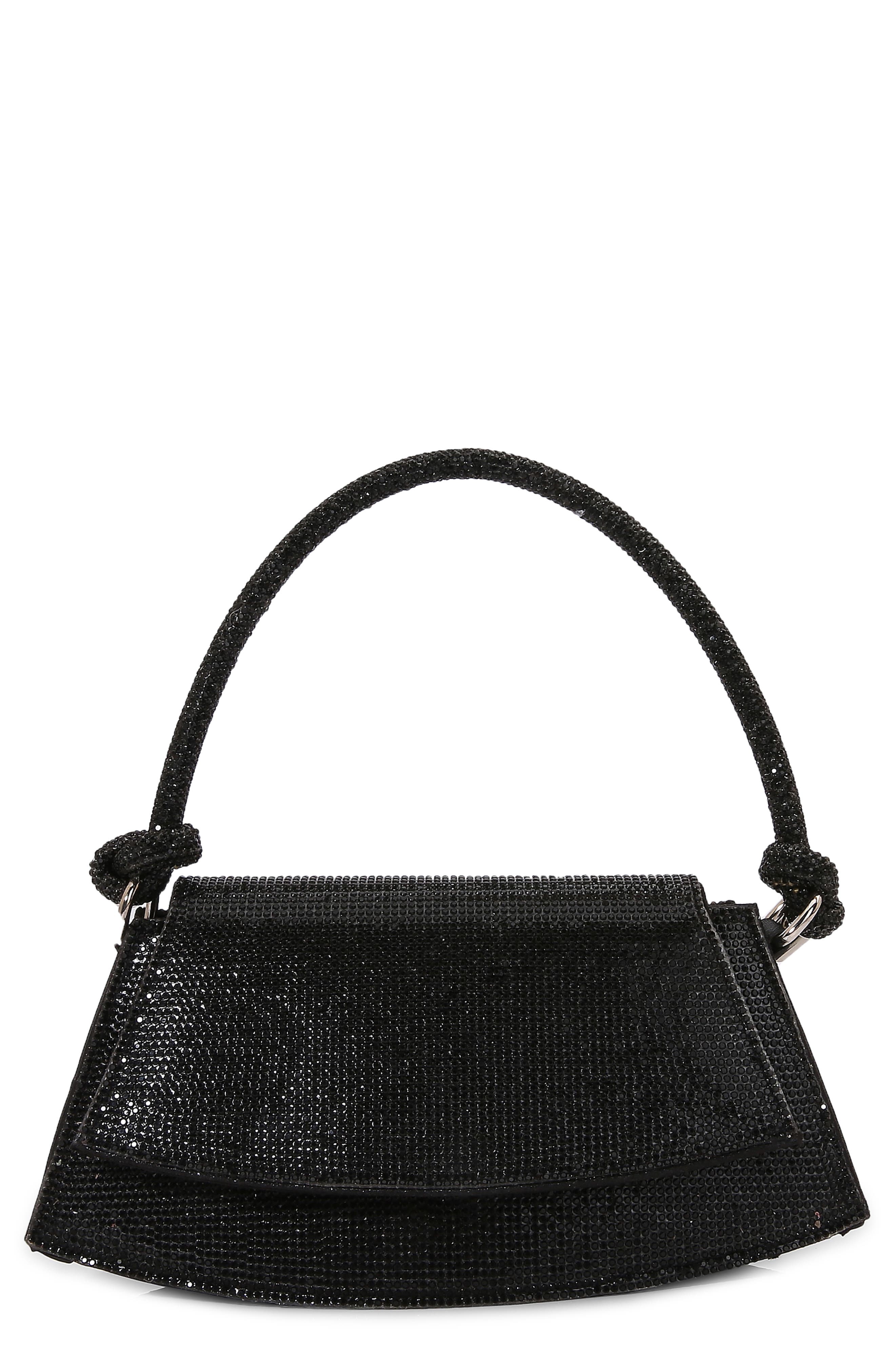 Rhinestone Curved Bottom Shoulder Bag, Main, color, BLACK