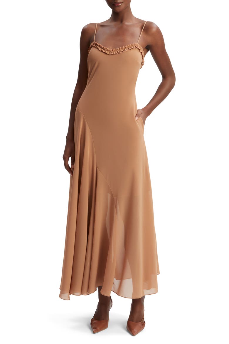 Tatian Frill Trim Maxi Dress, Main, color, TAN