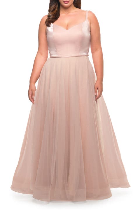 Long Plus Size Gown with Tulle Skirt and Satin Top