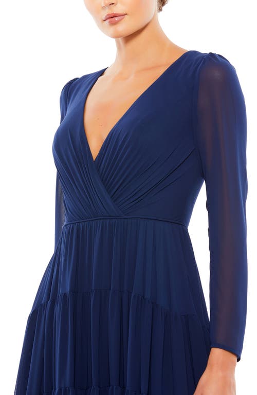 Mac Duggal Long Sleeve Ruffle Tiered Evening Gown In Blue