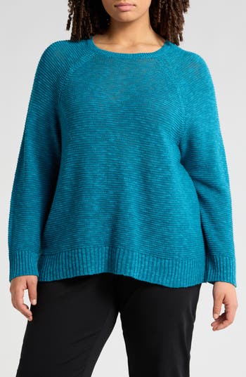Eileen Fisher Organic Linen Cotton Slub Crew Neck Top In Blue