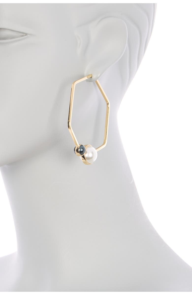 Carolee Designs Two-Tone Imitation Pearl Accent Hexagon Hoop Earrings, Alternate, color,