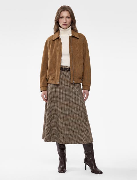 Long Sleeve Pointed Collar Faux Suede Bomber Jacket