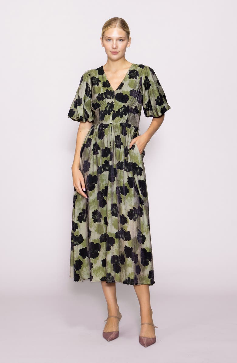 MELLODAY Bubble Sleeve Fit & Flare Midi Dress, Alternate, color, Grey Black Floral