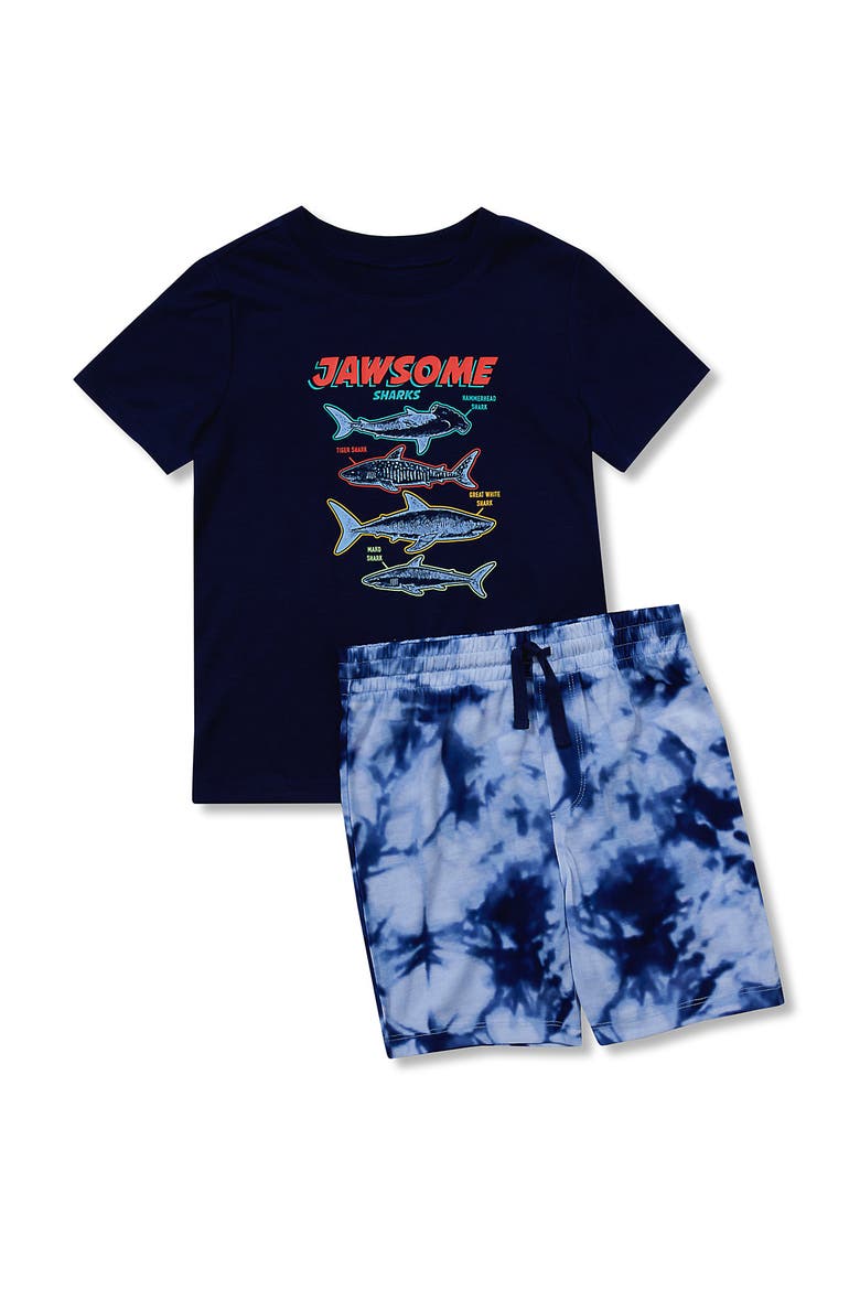 Boys Short Sleeve Tee and Shorts Pajama Set, Main, color, Sharks/Blue Tie Dye