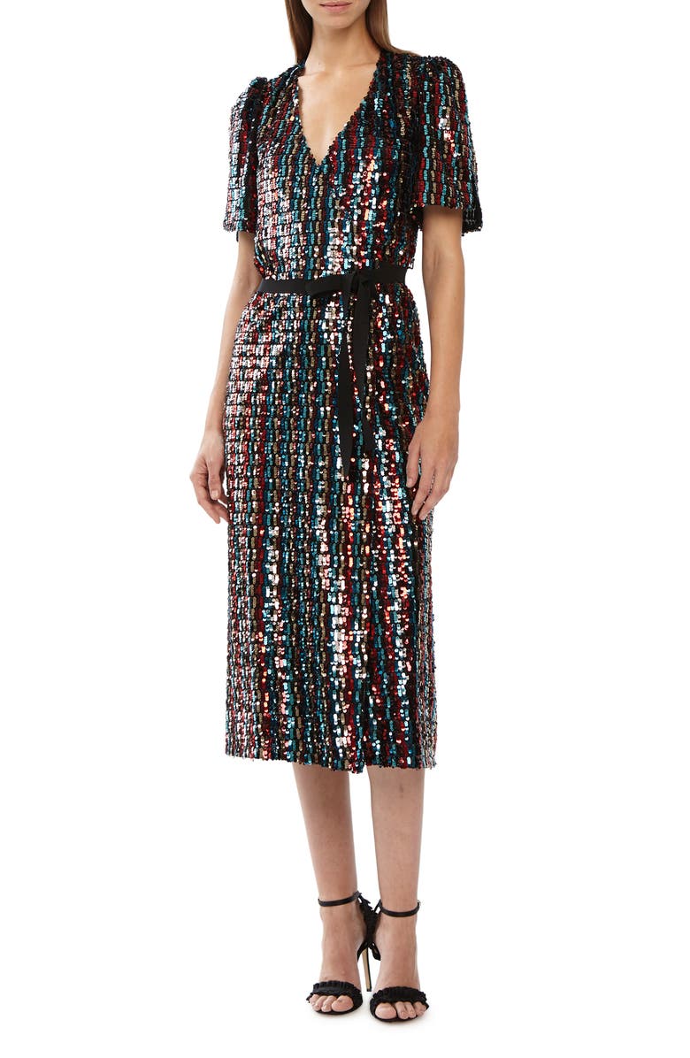 ML Monique Lhuillier Multicolor Sequin Wrap Dress, Alternate, color, 