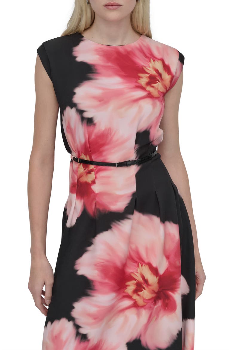 Floral Cap Sleeve Belted Midi Dress, Alternate, color, BLACK/ PINK MULTI