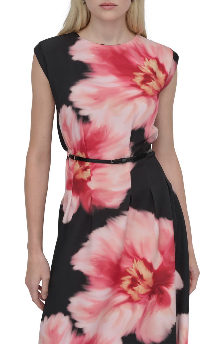 DKNY Floral Cap Sleeve Belted Midi Dress, Alternate, color, Black/ Pink Multi