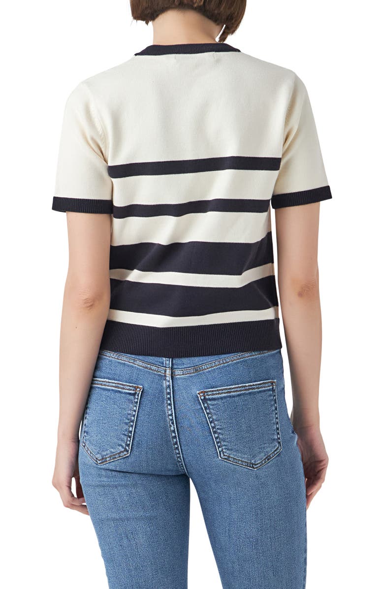English Factory Stripe Short Sleeve Sweater, Alternate, color, Ivory/ Navy