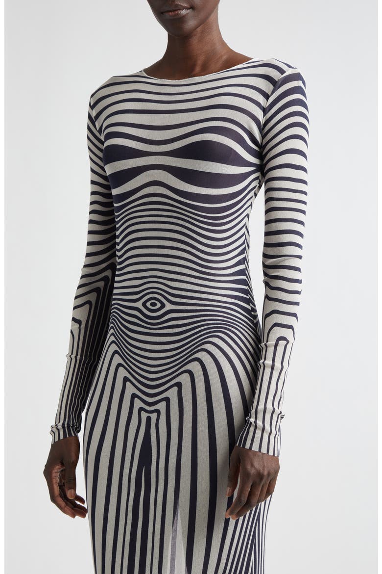 Re-Edition Body Morphing Trompe l'Oeil Long Sleeve Mesh Dress, Alternate, color, ECRU/ NAVY