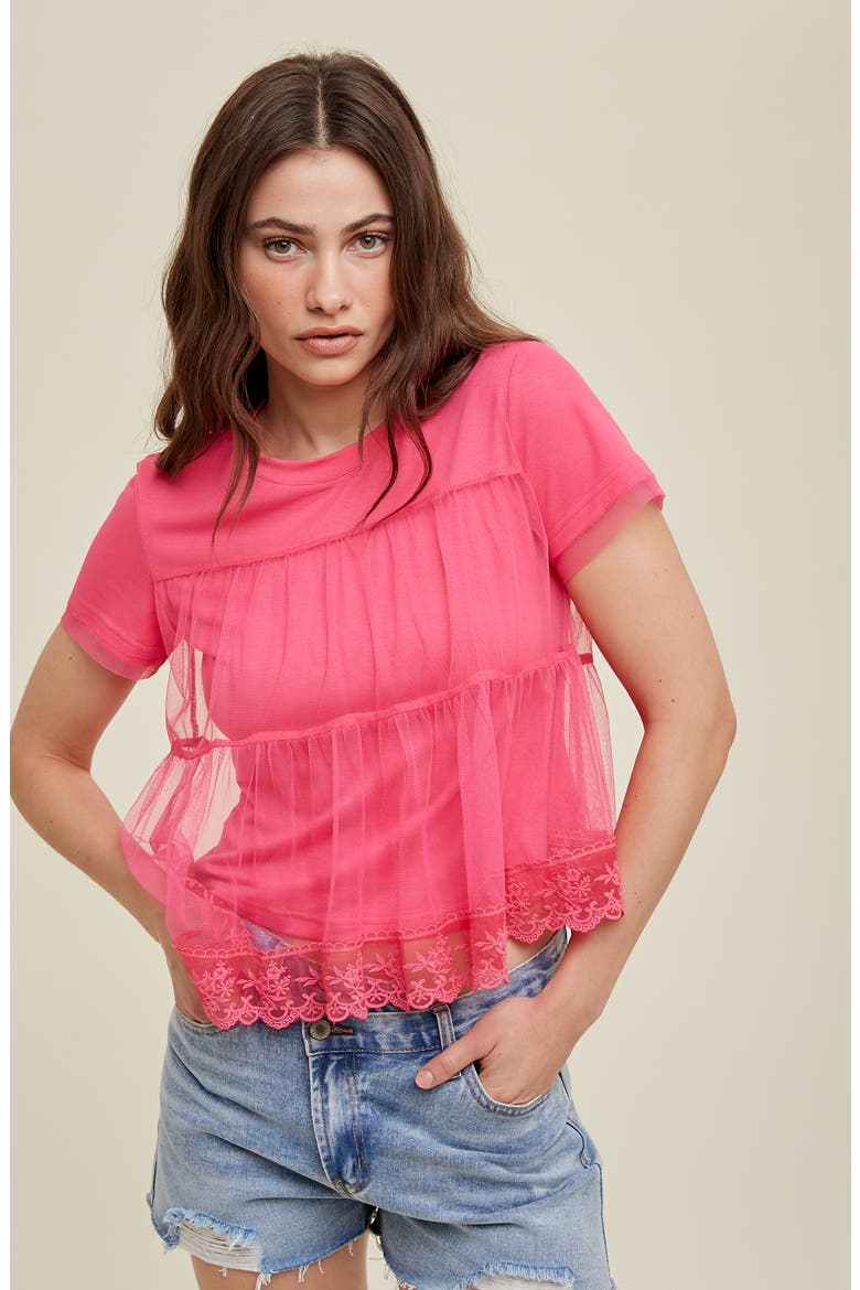 Short Sleeve Embroidered Mesh Babydoll Top, Alternate, color, PINK