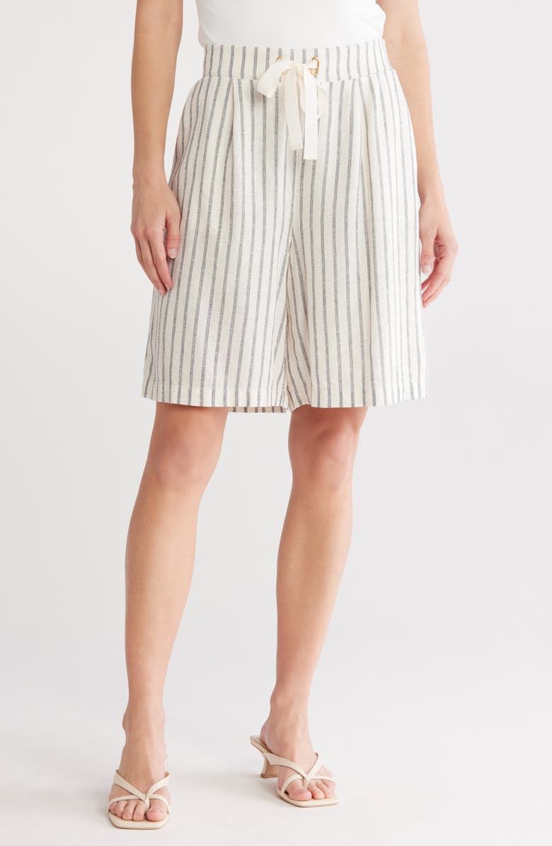 Ellen Tracy Drawstring Shorts, Main, color, Marshmallow Navy Stripe