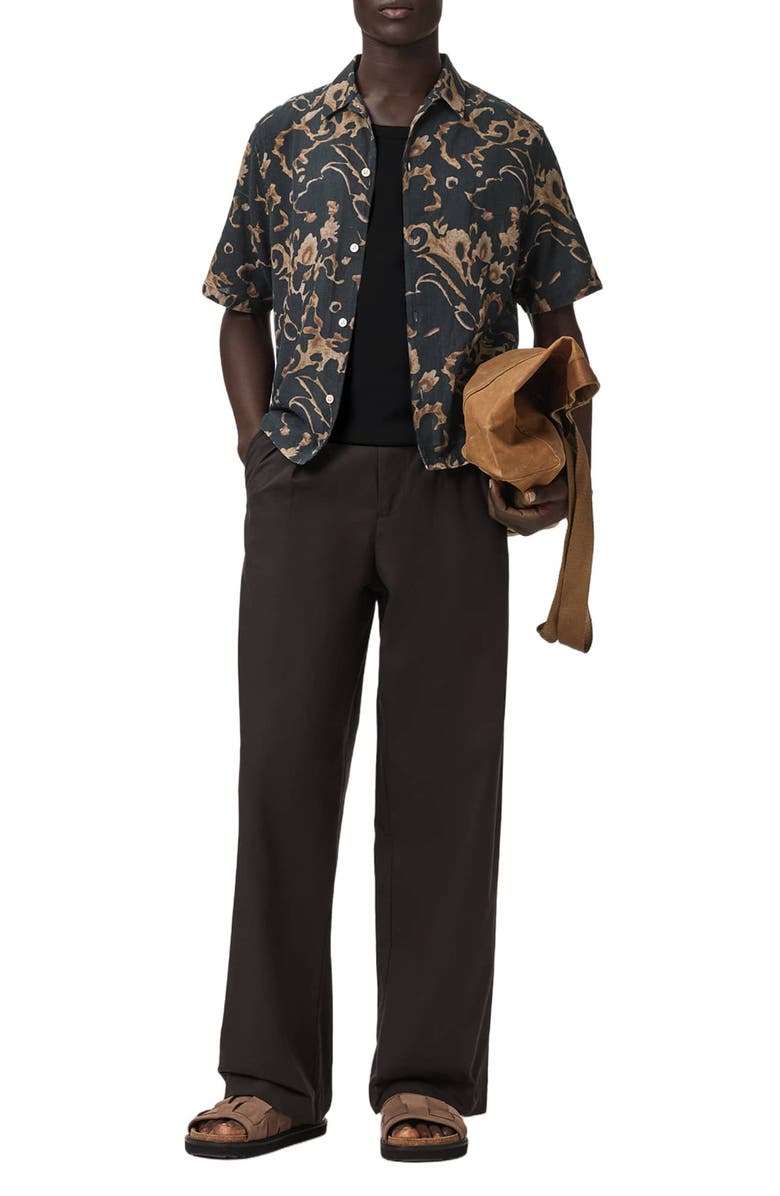 AllSaints Fortune Linen & Cotton Short Sleeve Button-Up Shirt, Alternate, color, Bank Brown