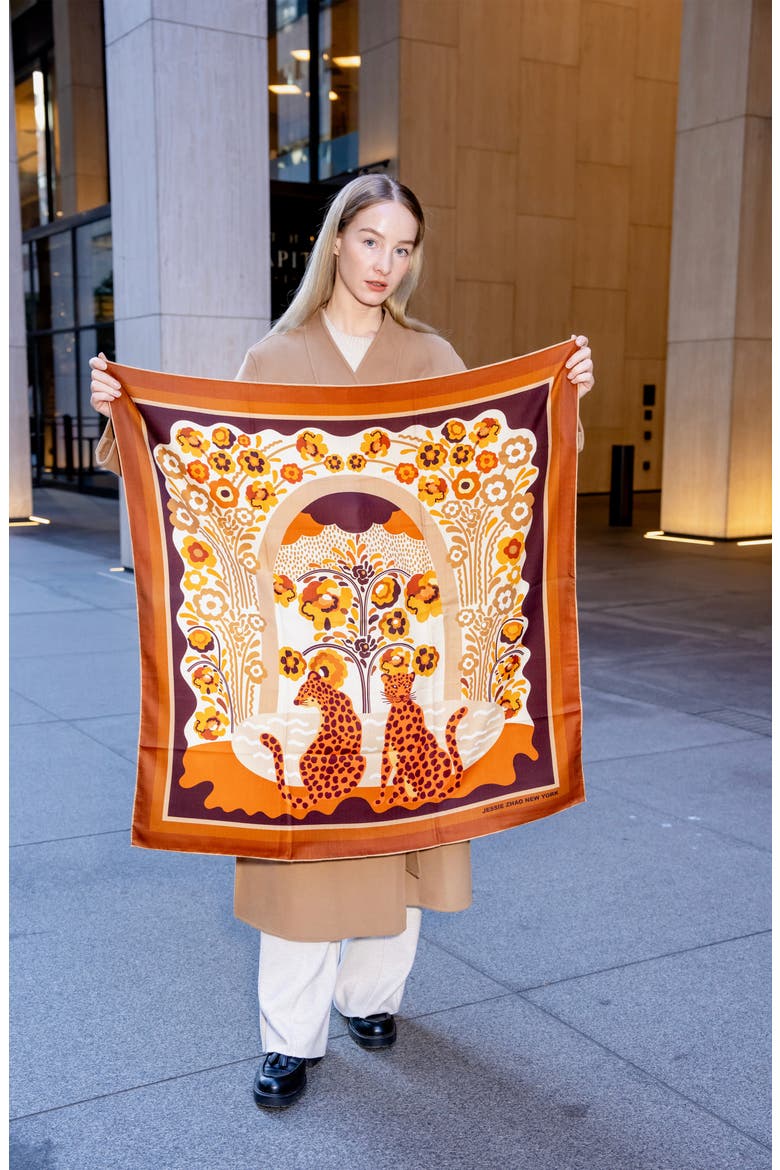 Double Sided Wool Silk Scarf Of Leopards With Floral Fountain, Alternate, color, Brown