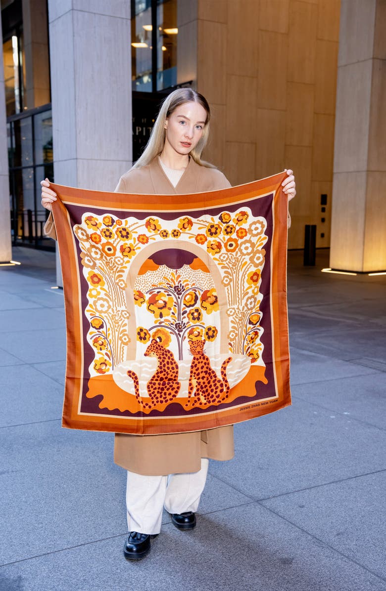 Jessie Zhao New York Double Sided Wool Silk Scarf Of Leopards With Floral Fountain, Alternate, color, Brown