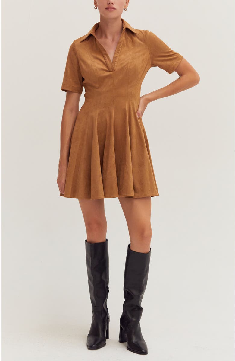 CRESCENT Fit and Flare Polo Suede Mini Dress, Alternate, color, Camel