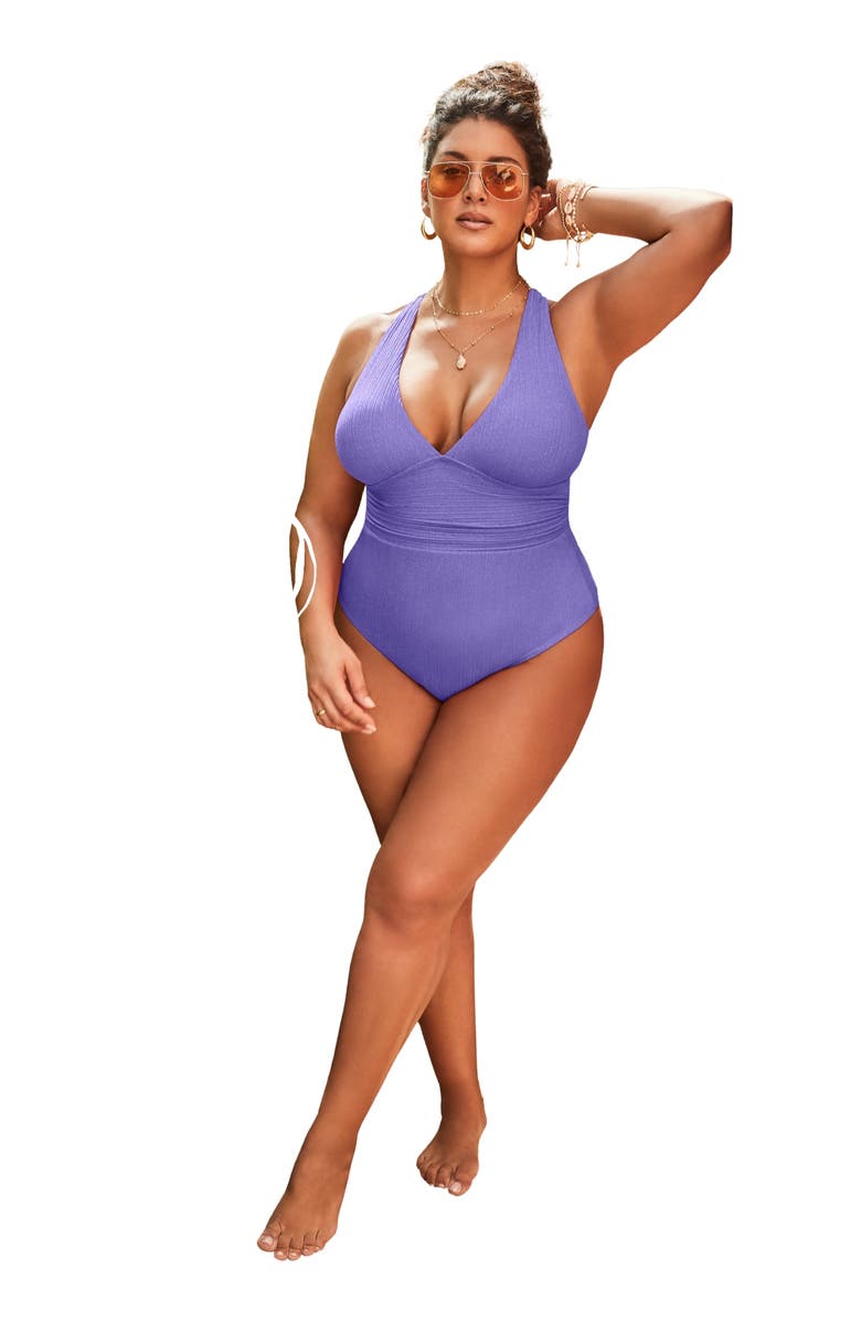 Swimsuits for All Sparkle Ribbed V-Neck One Piece Swimsuit, Main, color, Amethyst