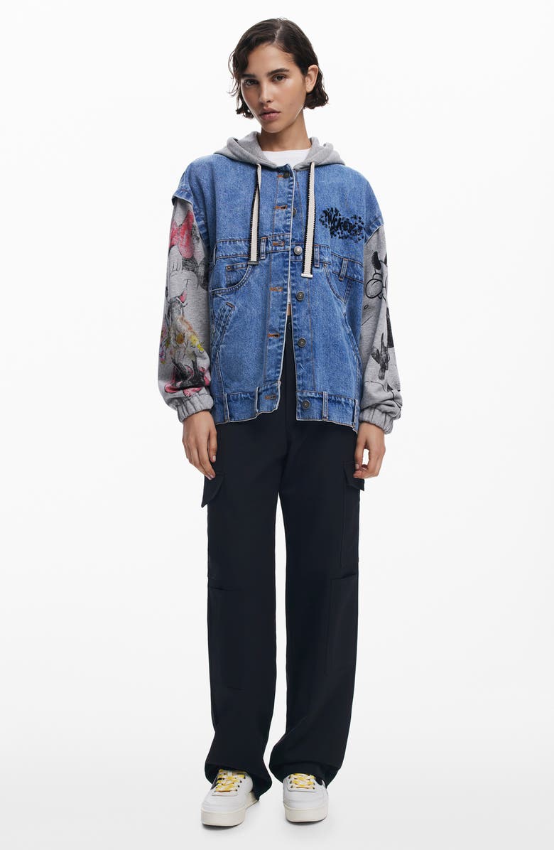 Desigual Mickey Mouse Hooded Denim Trucker Jacket, Alternate, color, Medium Blue