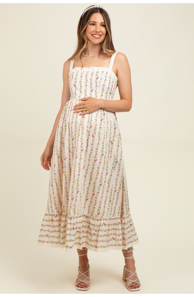 PinkBlush Floral Textured Cotton Lace Trim Maxi Dress, Main, color, Cream
