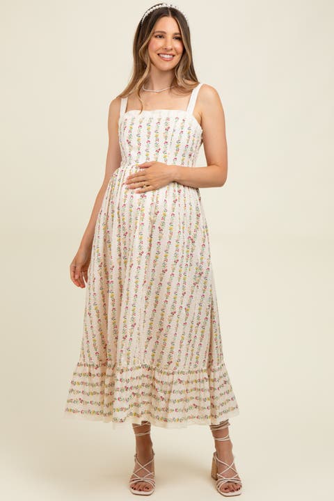 Floral Textured Cotton Lace Trim Maxi Dress