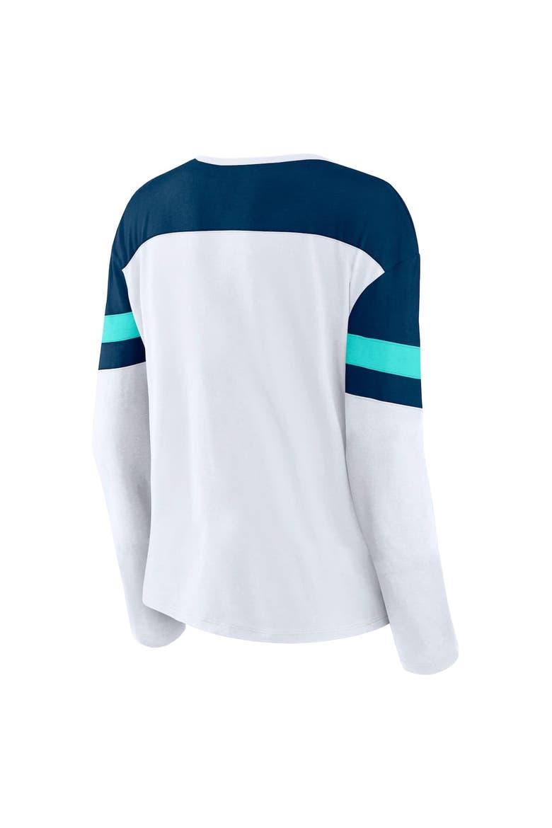 Women's Fanatics White/Deep Sea Blue Seattle Kraken Frozen Long Sleeve Notch Neck T-Shirt, Alternate, color, White