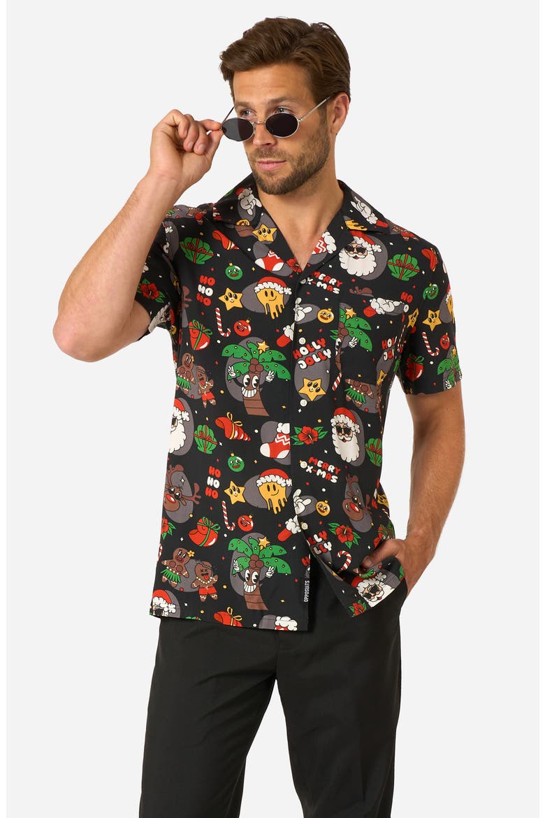 Merry Jinglejoy Camp Shirt, Alternate, color, BLACK