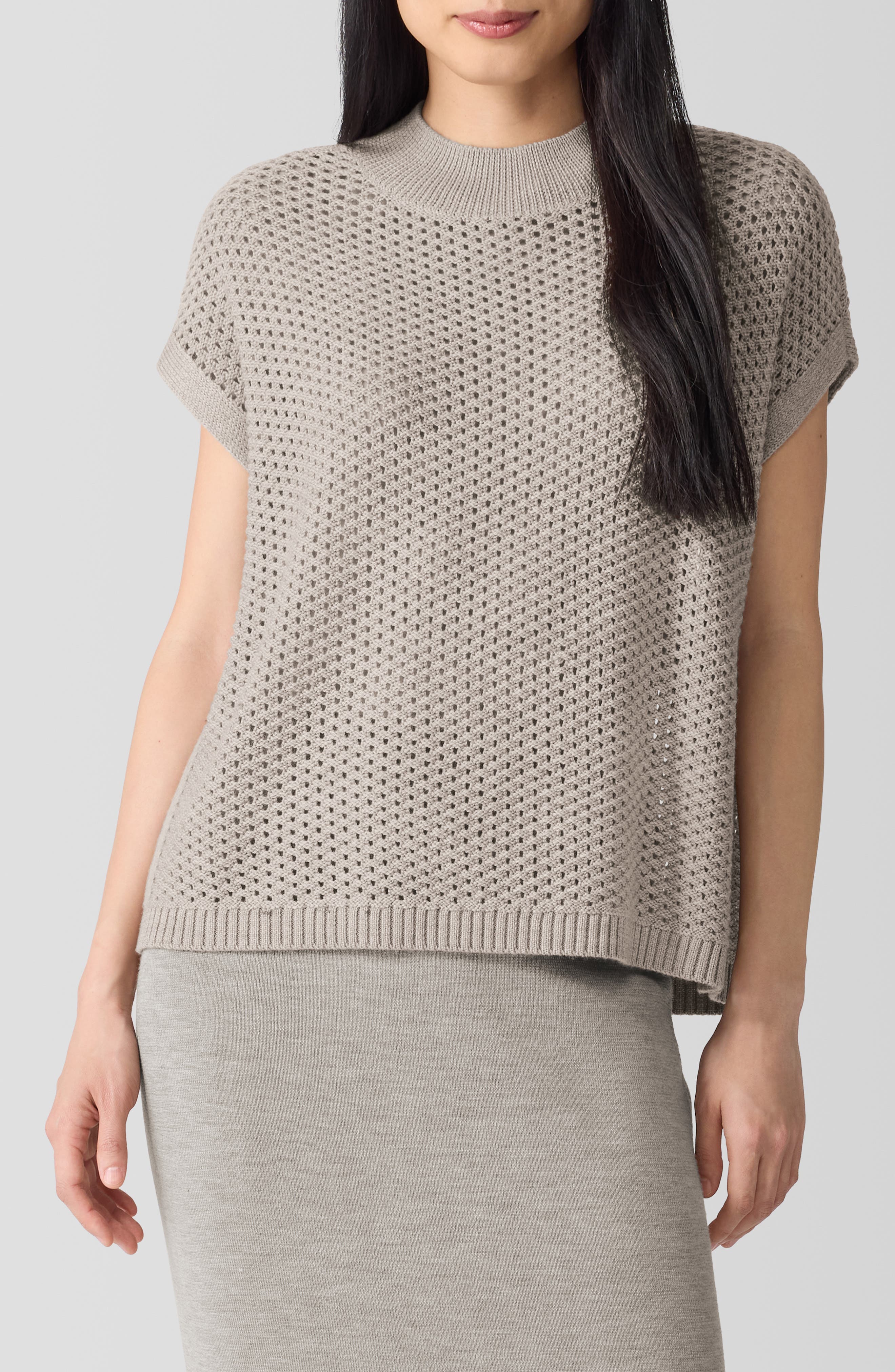 Eileen Fisher Open Stitch Mock Neck Short Sleeve Wool Sweater