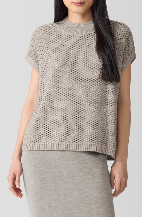 Open Stitch Mock Neck Short Sleeve Wool Sweater