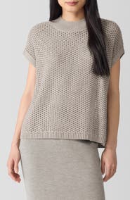 Eileen Fisher Open Stitch Mock Neck Short Sleeve Wool Sweater
