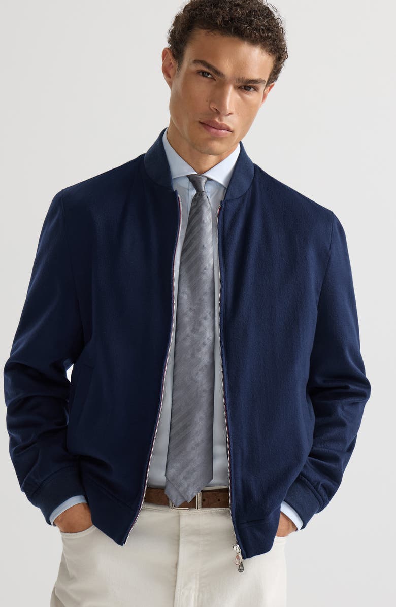 Brunello Cucinelli Lightweight cashmere flannel bomber jacket, Alternate, color, Blue