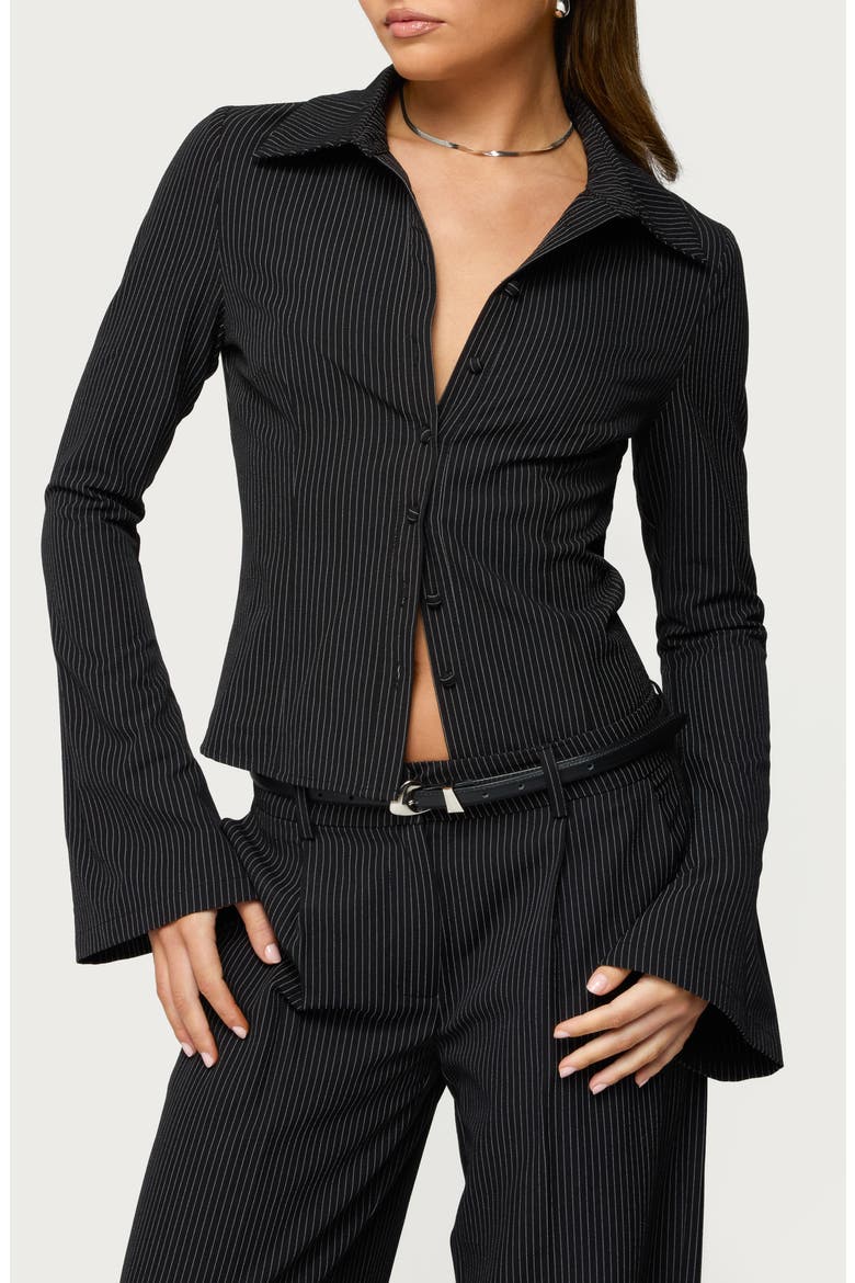Pinstripe Tailored Button-Up Shirt, Main, color, BLACK