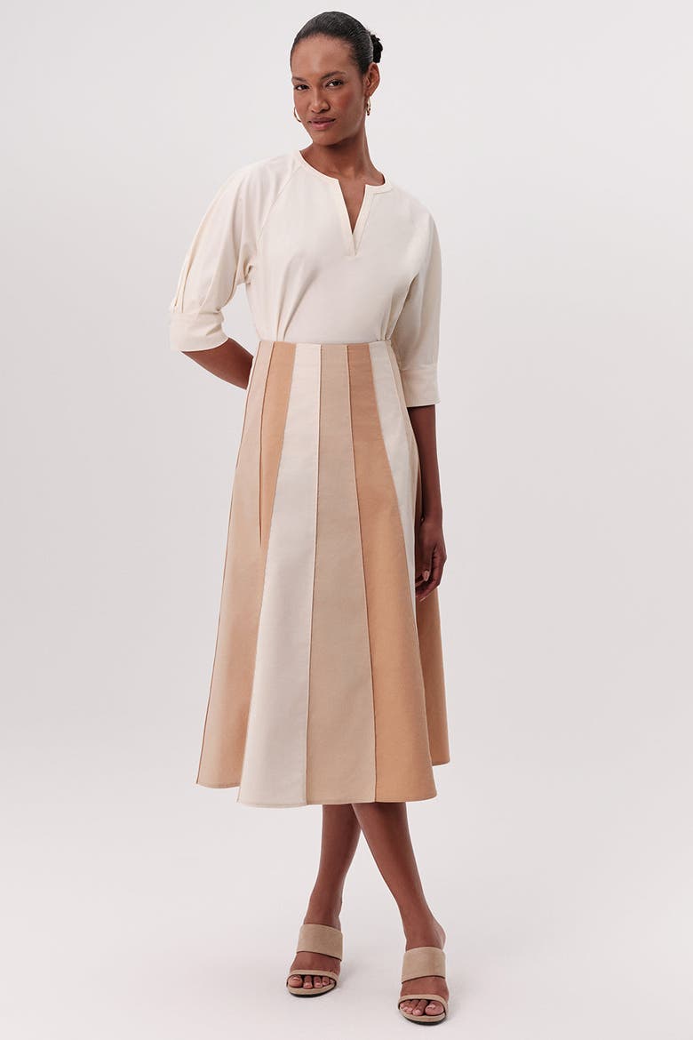 Nikki High Waisted Paneled Flared Midi Skirt, Alternate, color, Beige