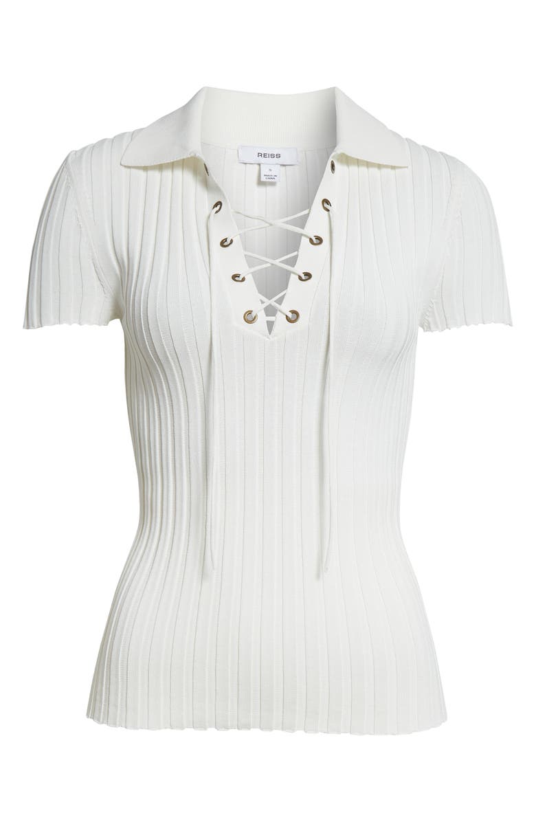 Reiss Poppy Ribbed Lace-Up Polo, Alternate, color, Ivory
