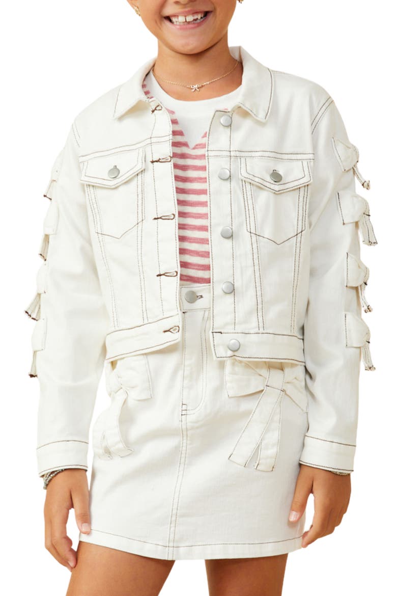 Kids' Bow Detail Cropped Denim Jacket, Main, color, OFF WHITE