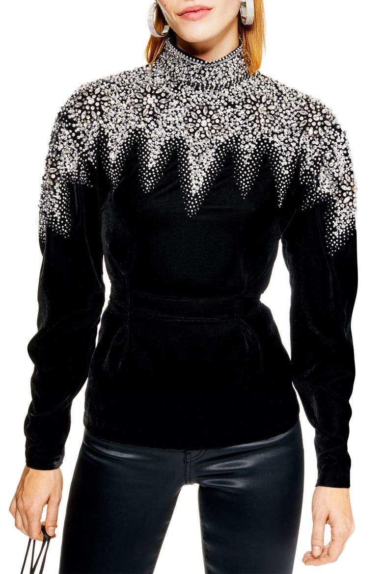 Embellished Mock Neck Top, Main, color, BLACK MULTI