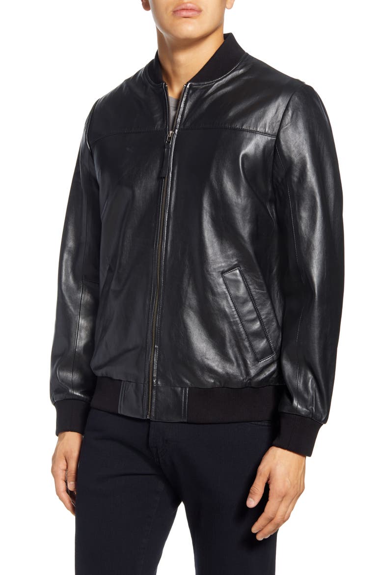 Lambskin Leather Bomber Jacket, Alternate, color, BLACK