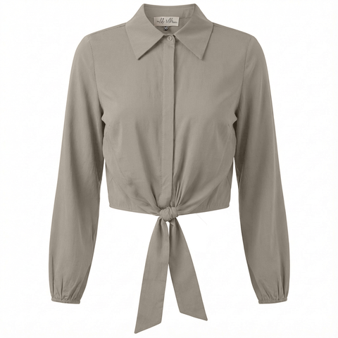 Cropped Hidden Placket Hem Tie Blouse
