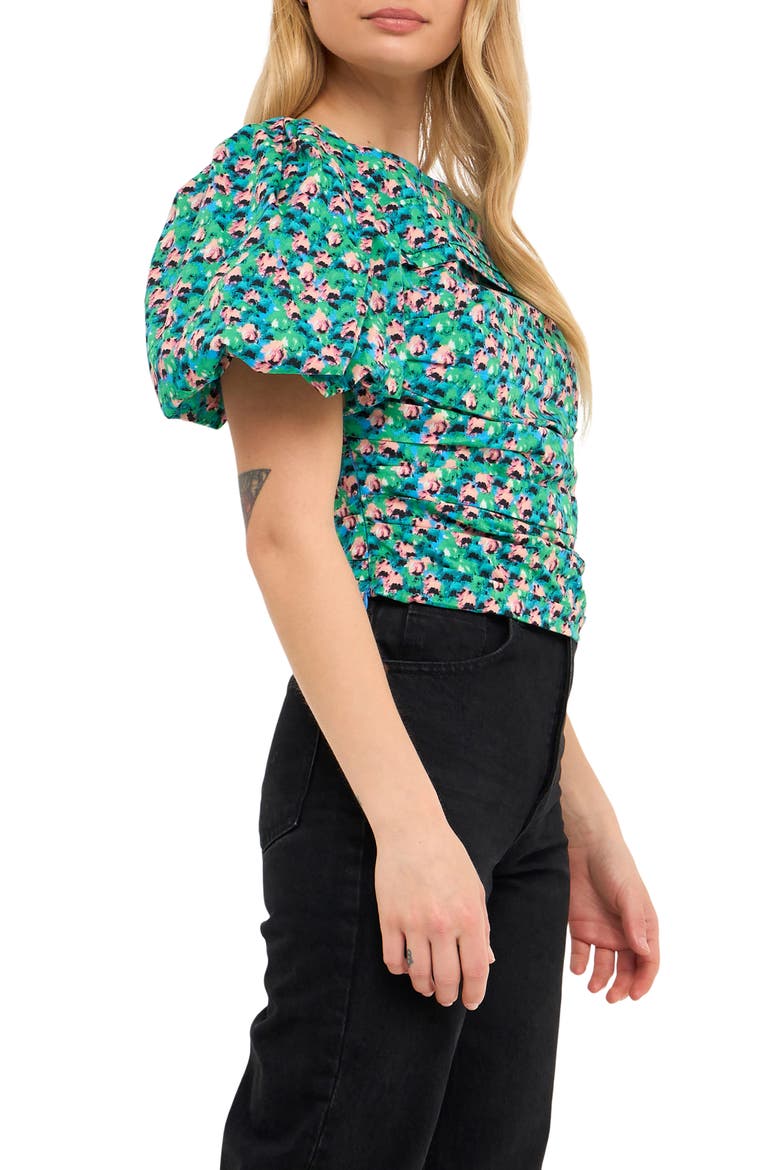 Floral Print Gathered Puff Sleeve Cotton Poplin Blouse, Alternate, color, AQUA MULTI