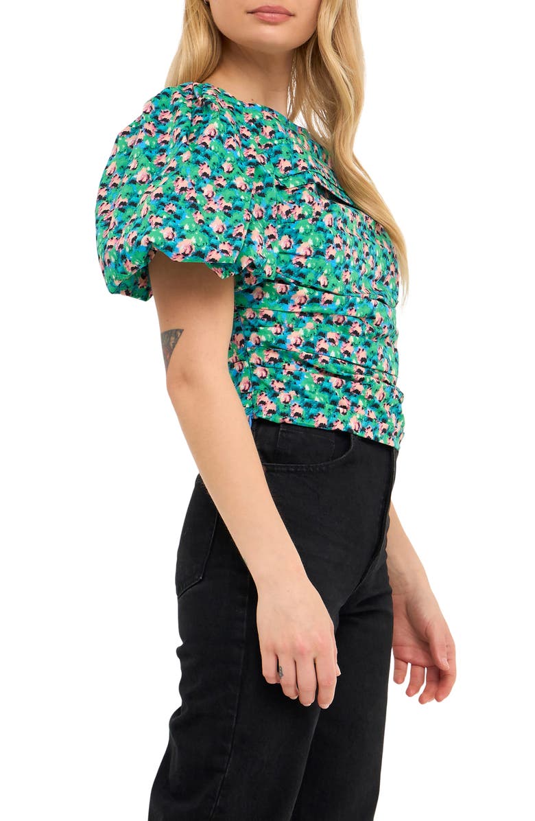 Endless Rose Floral Print Gathered Puff Sleeve Cotton Poplin Blouse, Alternate, color, Aqua Multi