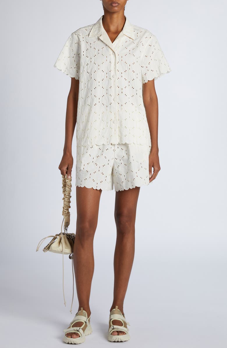Moncler Cotton Blend Eyelet Button-Up Shirt, Alternate, color, 